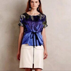 Anthropologie HD in Paris Silk Callia Cocoon Indigo Tie Blouse, Medium